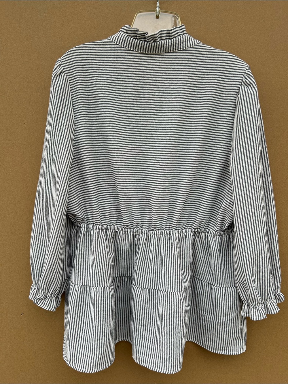 Monteau Peplum Stripped Blouse Ruffle Neck Long Sleeve v-neck Medium Grey White - Picture 2 of 8